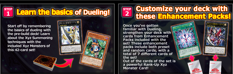 STEP1：Learn the basics of Dueling! - STEP2：Customize your deck withthese Enhancement Packs!